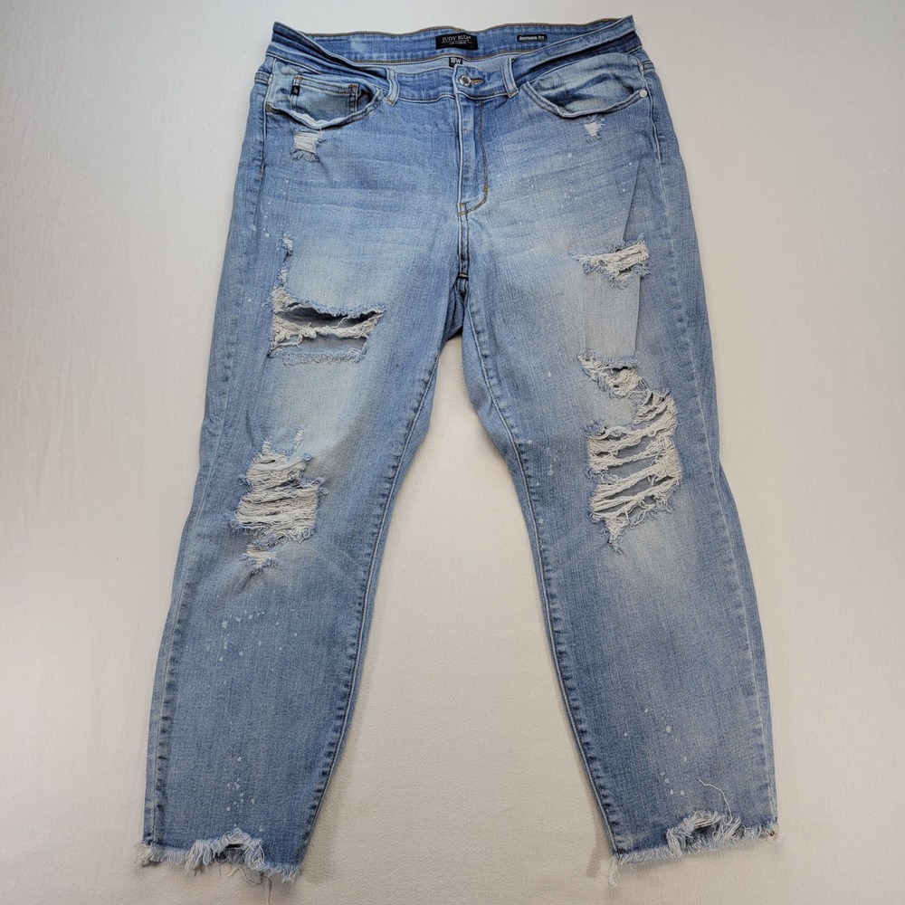 Judy Blue Boyfriend Jeans Womens 18W Blue Distressed Paint Splatter Raw Hem